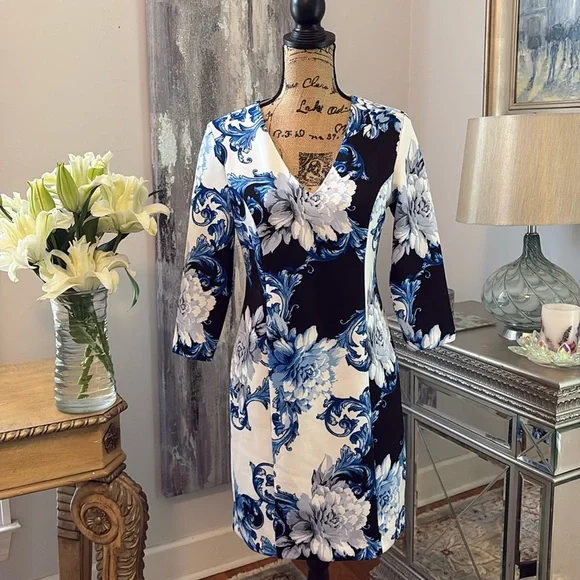 Boston Proper | Dresses | Boston Proper Designer Blue Black White Floral  Summer Dress Wedding Guest 6 S | Poshmark